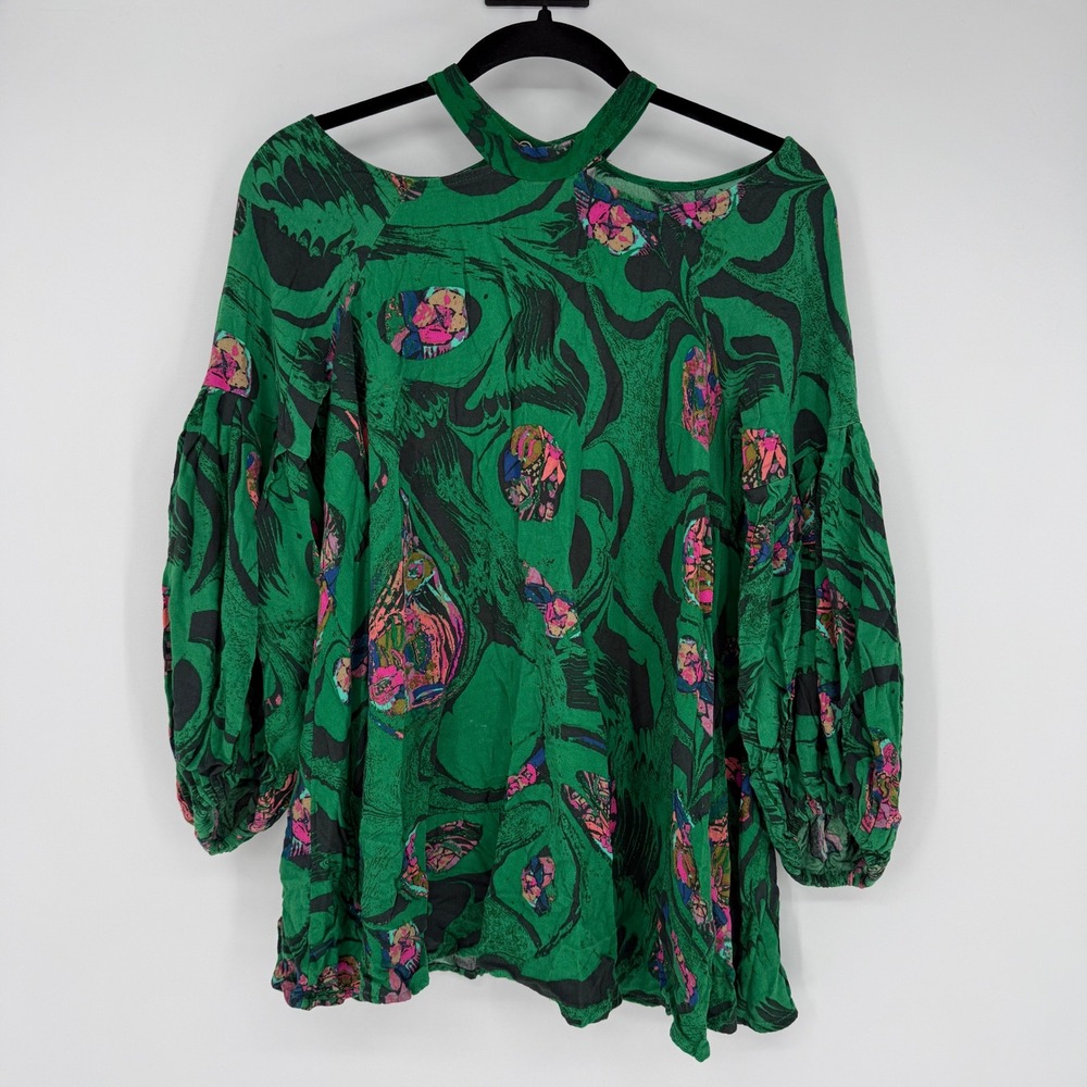 FREE PEOPLE DRIFT AWAY‎ COLD SHOULDER TUNIC MINI DRESS XS KELLY GREEN FLORAL